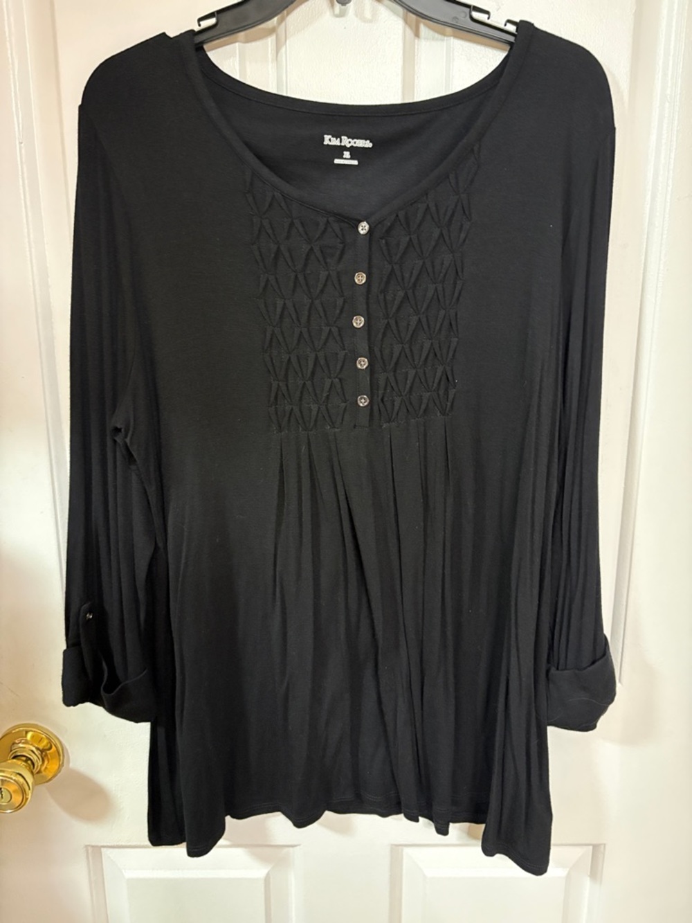 Kim Rogers Black Long-Sleeve Henley with Textured Yoke